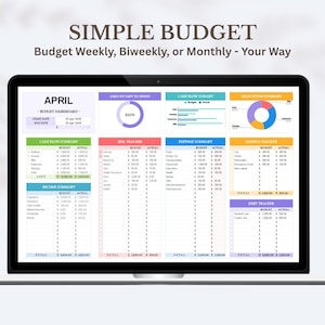 以下が含まれることがあります： 「SIMPLE BUDGET」というタイトルの予算スプレッドシートがノートパソコンに表示されています。画面には、キャッシュフロー、請求書、経費、貯蓄のセクションがある詳細な財務ダッシュボードが表示されています。右側には緑色のGoogleスプレッドシートのアイコンがあります。