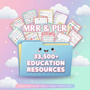 Puede incluir: Una carpeta azul claro con una cara sonriente, que contiene recursos educativos. El texto "MRR & PLR" está encima de la carpeta, y "33.500+ RECURSOS EDUCATIVOS" está escrito en la carpeta. Varios materiales educativos coloridos rodean la carpeta.