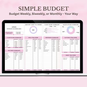 May include: A laptop screen displays a budget dashboard with pink accents, showing financial summaries. The text "SIMPLE BUDGET" and "Budget Weekly, Biweekly, or Monthly - Your Way" are at the top. A green Google Sheets icon is on the right.