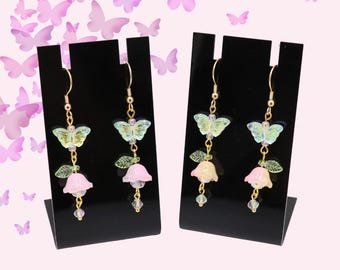 Butterfly Fairy Dangle Earrings - Glass Beaded Handmade Stainless Steel Hypoallergenic Jewelry