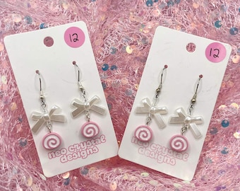 Kawaii Roll Cake Ribbon Dangle Earrings Pastel Pink Dopamine Dressing
