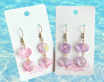 Mermaid Iridescent Glass Dangle Pink or Purple Handmade Earrings