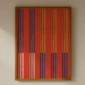 May include: A framed abstract art piece with vertical stripes in red, blue, yellow, and white hangs above a bed with white bedding. The artwork is in a wooden frame. The room has a minimalist aesthetic.