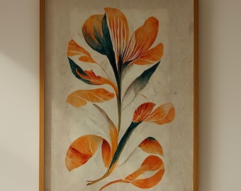 Imprimé floral abstrait orange, art mural botanique bohème (impression numérique)