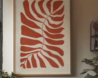 Abstract Leaf Art Print, Red Beige Botanical Wall Decor (Digital Download)