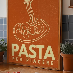 抽象的なパスタの絵、赤いキッチンのアートプリント、タイポグラフィの線画、印刷可能な食品の壁アート、ダイニングルーム、キッチンの壁アート、レストランのプリント