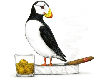 Puffin,  Bird art print - Puffins - cigar - drink art - whiskey - father's day gift - office wall art - bird artwork - birds on things