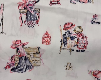 Tela con estampado novedoso vintage de Holly Hobbie en rojo, blanco y azul.