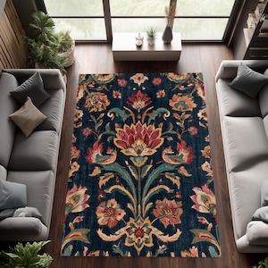 Boho Chic Vintage Floral Rug, Turkish Style Unique Carpet, Washable Non Slip Area Rug, Distressed Large Rug for Living Room Decor