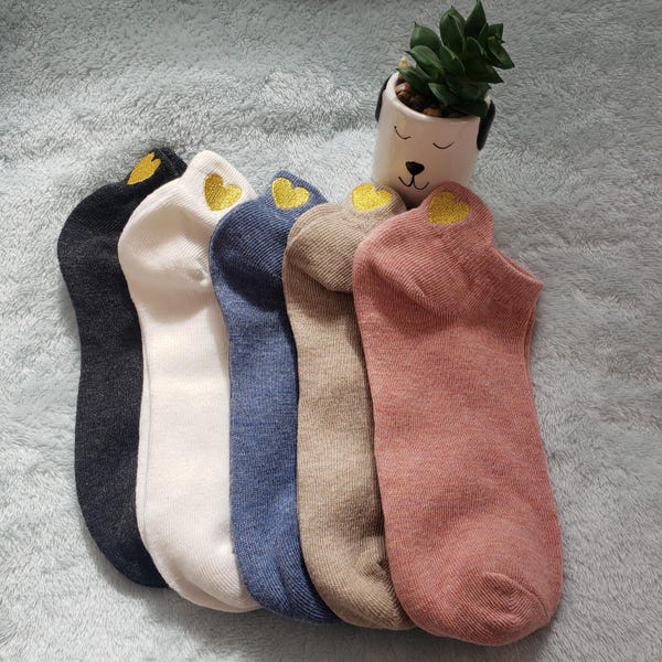 Calzini alla caviglia con ricamo a cuore, calzini casual da donna in cotone a taglio basso - 2 paia, regalo per la festa della mamma, regalo di Natale, regalo di compleanno, regalo di San Valentino