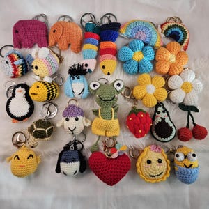 Hand Crocheted Keyring, Hand Made Amigurumi Keychain, Hand Knitted Cartoon Animals Fruits Rainbow Daisy Heart Bag Acc , Mothers Day Gift