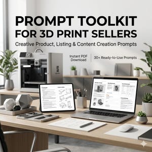 May include: A desk setup with a 3D printer, laptop, and tablet. The image displays the text "PROMPT TOOLKIT FOR 3D PRINT SELLERS". Additional text includes "Creative Product, Listing & Content Creation Prompts", "Instant PDF Download", and "30+ Ready-to-Use Prompts".