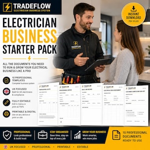 Op de afbeelding: Afbeelding die een starterspakket voor elektricienbedrijven promoot. De tekst "Electrician Business Starter Pack" staat in het geel. Het pakket bevat 10 professionele sjablonen, is gericht op het VK, volledig bewerkbaar en printbaar. De afbeelding toont een man en een vrouw.