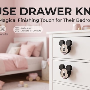 May include: Four black and beige mouse-shaped drawer knobs attached to a white dresser. The text MOUSE DRAWER KNOBS A Magical Finishing Touch for Their Bedroom is visible along with icons for 3D Printed, Easy to Fit, and Perfect for Drawers & Furniture.