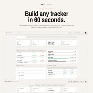 Könnte beinhalten: Eine digitale Benutzeroberfläche für einen 6-Tab-HTML-Tracker-Generator namens RMLR. Der Bildschirm zeigt ein Dashboard mit Metriken, Leseprotokollen und Fortschrittsbalken. Der Text enthält Build any tracker in 60 seconds und Demo.Studio.