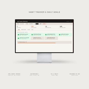 May include: A computer monitor displays a habit tracker interface with the text "Habit Tracker & Daily Goals." The screen shows progress bars, daily goals, and the text "71%." The bottom of the screen has the text "HTML BASED TRACKER" and "CUSTOMISABLE."