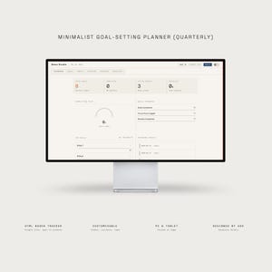 Peut inclure: Un écran d'ordinateur affichant une interface numérique intitulée MINIMALIST GOAL-SETTING PLANNER (QUARTERLY). L'écran présente un tableau de bord avec des sections pour les objectifs totaux, les tâches terminées, les habitudes et les événements.