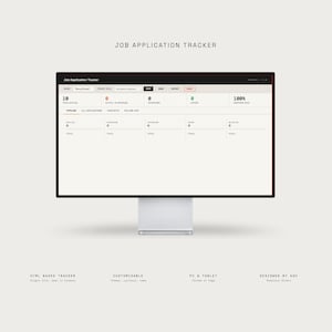 May include: A computer monitor displaying a Job Application Tracker interface with a white background, black text, and a navigation bar featuring buttons for Save, Dark, Export, and Reset. The dashboard includes metrics for total applies, active, interviews, offers, and response rate.