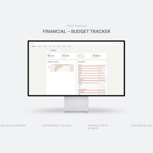 Op de afbeelding: Een computermonitor met een financiële budgettracker-interface. Het scherm toont datavisualisaties met de tekst "TRACK YOUR LIFE" en "FINANCIAL - BUDGET TRACKER". Extra tekst is onder meer "HTML BASED TRACKER", "CUSTOMIZABLE TRACKER" en "SUITABLE FOR PC & TABLET".
