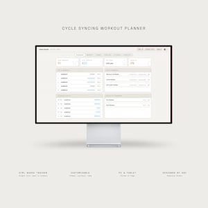 May include: A computer monitor displaying a workout planner interface. The screen shows data fields, charts, and the text "CYCLE SYNCING WORKOUT PLANNER." Additional text at the bottom reads "HTML BASED TRACKER," "CUSTOMISABLE," and "PC & TABLET."