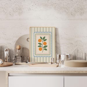 Prints - Orange Botanical Art, Folk Art Fruit Branch Poster, Vintage Kitchen Citrus Print, Cottagecore Orange Tree Printable for Home Decor