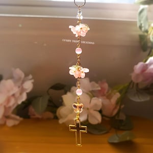 Gold Cross with Flowers Car Rear View Mirror Charm, Car Accessory Interior Decor, Sun Catcher, Room Decor