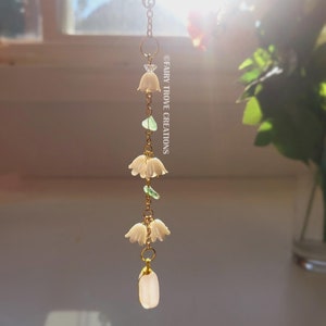 Lily of the Valley with Rose Quartz Car Rear View Mirror Charm, Car Accessory Interior Decor, Sun Catcher, Room Decor