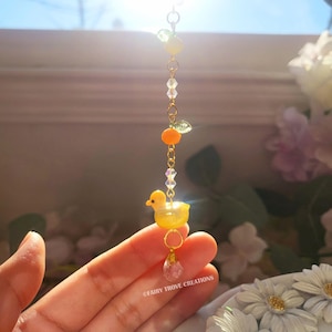 Glass Duck with Citrus Fruits Car Rear View Mirror Charm, Car Accessory Interior Decor, Sun Catcher, Room Decor