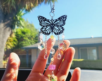 Bejeweled Butterfly Car Rear View Mirror Charm, Car Accessory Interior Decor, Sun Catcher, Aesthetic Room Decor