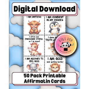 Paquete de 50 tarjetas de afirmación diaria con animales adorables Amor propio Soy suficiente Bienestar Regalo de atención plena