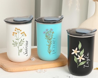 Personalized Bridesmaids Gift Wine Glass with Birth Flower, Custom Name 10oz Insulated Coffee Mug, Stainless Steel Tumbler,Bride Party Gifts