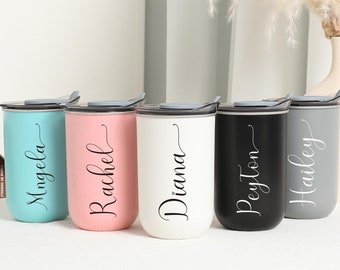 Personalized Bridesmaids Gift Wine Glass with Birth Flower, Custom Name 10oz Insulated Coffee Mug, Stainless Steel Tumbler,Bride Party Gifts