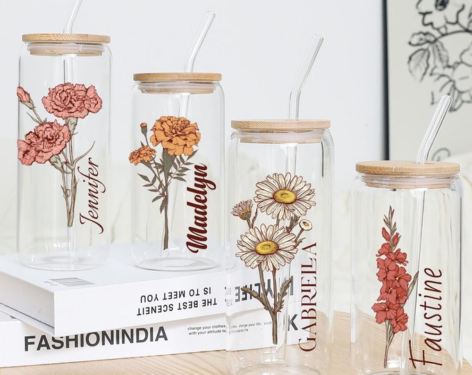 Personalized Birth Flower Tumbler With Name, Coffee Cup, Mothers Day, Birth Flower Glass, Gifts for Her, Bridesmaid Proposal, Party Favor