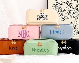 Personalized Leather Makeup Bag, Large Capacity Cosmetic Bag for Women, Embroidered Name, Bridesmaid Gift,Bridal Shower, Gift for Girlfriend
