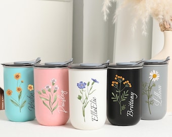 Personalized Bridesmaids Gift Wine Glass with Birth Flower, Custom Name 10oz Insulated Coffee Mug, Stainless Steel Tumbler,Bride Party Gifts