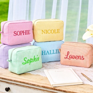 Monogrammed Seersucker Cosmetic Bag,Custom Bridesmaid Gift,Embroidered Makeup Bag,Christmas Gift,Women Travel Toiletry Bag,Personalized Gift