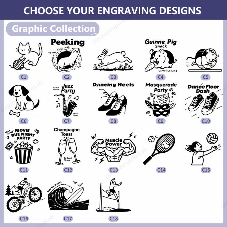 May include: A collection of black and white graphic designs for engraving. Designs include a cat with yarn, a rabbit, a guinea pig, high heels, a dog, a saxophone, a popcorn bucket, a tennis racket, and more.