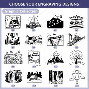 May include: A collection of black and white graphic designs for engraving. The designs include a train, sailboat, mountain with a cable car, carousel, city with hot air balloons, farm, bridge, train on tracks, flowers, beach scene, volcano, tree, waterfall, cabin, and hot air balloon.