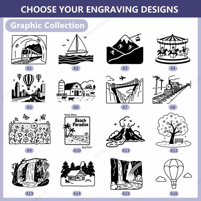 May include: A collection of black and white graphic designs for engraving. The designs include a train, sailboat, mountain with a cable car, carousel, city with hot air balloons, farm, bridge, train on tracks, flowers, beach scene, volcano, tree, waterfall, cabin, and hot air balloon.