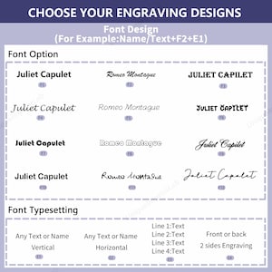 May include: Image showcasing engraving design options. Text at the top reads "CHOOSE YOUR ENGRAVING DESIGNS". Font options include various styles for names or text. Font typesetting options include vertical, horizontal, and multi-line text, with front or back engraving.