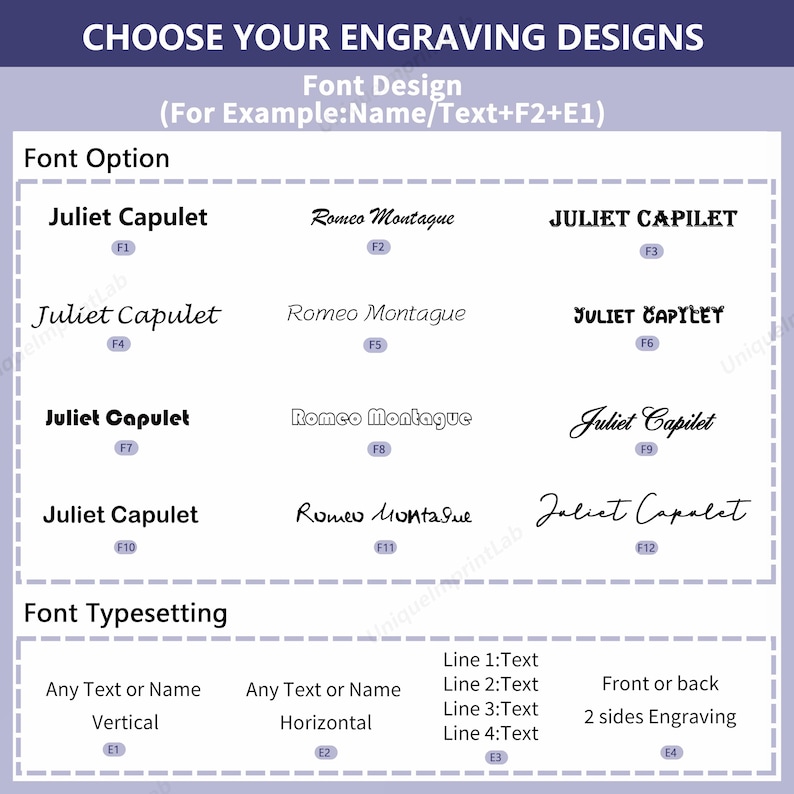 May include: Image showcasing engraving design options. Text at the top reads "CHOOSE YOUR ENGRAVING DESIGNS". Font options include various styles for names or text. Font typesetting options include vertical, horizontal, and multi-line text, with front or back engraving.