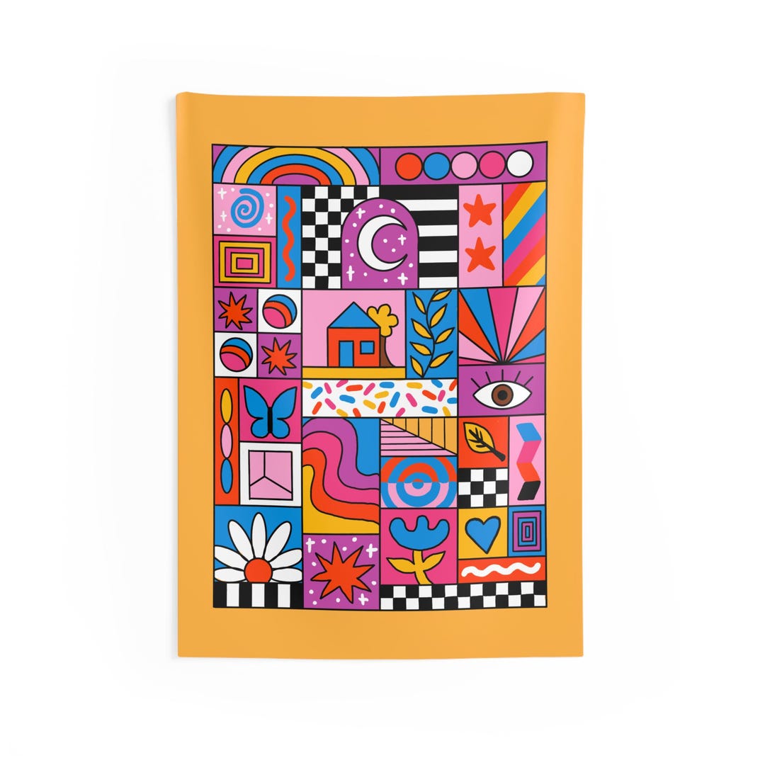 Patchwork Moon Colorful Retro Patchwork Moon & Flowers Indoor Wall Tapestry | Boho Pop ...