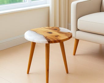 Round Epoxy Coffee Table: Customizable Pearl Resin End Table Made of Olive Wood