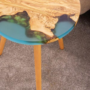 Ocean Epoxy Coffee Table Made of Olive Wood: Personalized Round Blue River Epoxy Resin Side Table Lagoon Blue
