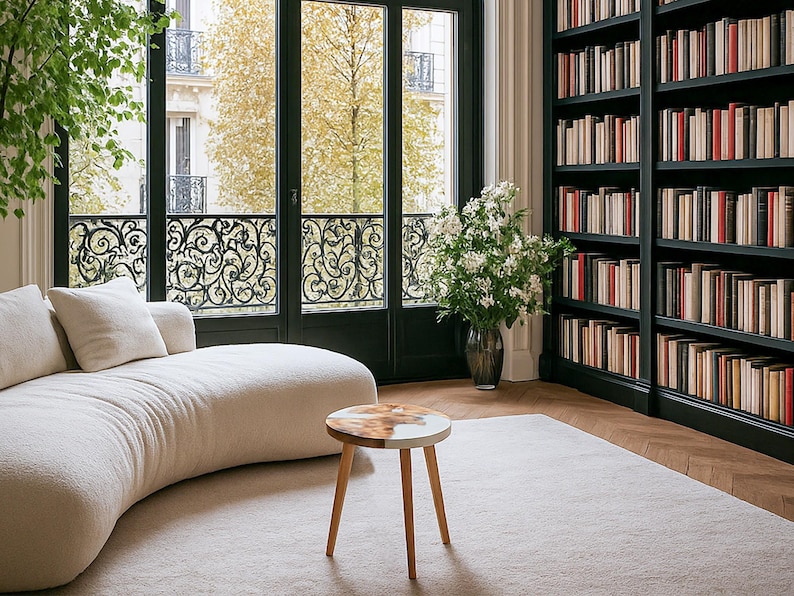 May include: A cozy living room with a curved white sofa, a small round wooden side table, and a large bookshelf filled with books. A large window with decorative ironwork overlooks a tree-lined street.
