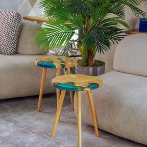 Ocean Epoxy Coffee Table Made of Olive Wood: Personalized Round Blue River Epoxy Resin Side Table image 19