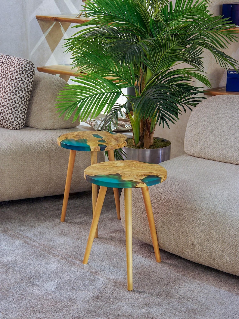 Ocean Epoxy Coffee Table Made of Olive Wood: Personalized Round Blue River Epoxy Resin Side Table image 19