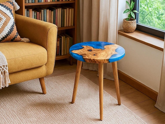 Ocean Epoxy Coffee Table Made of Olive Wood: Personalized Round Blue River Epoxy Resin Side Table
