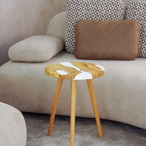 Ocean Epoxy Coffee Table Made of Olive Wood: Personalized Round Blue River Epoxy Resin Side Table Opaque White