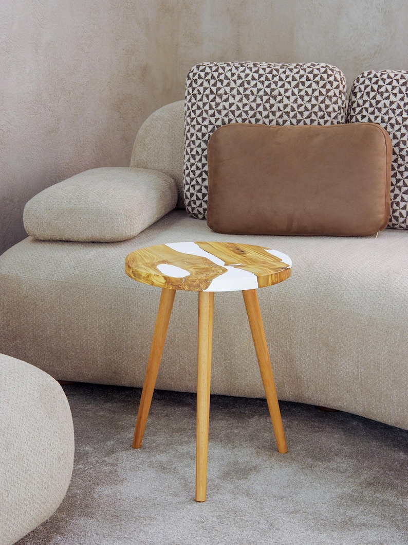 Ocean Epoxy Coffee Table Made of Olive Wood: Personalized Round Blue River Epoxy Resin Side Table Opaque White